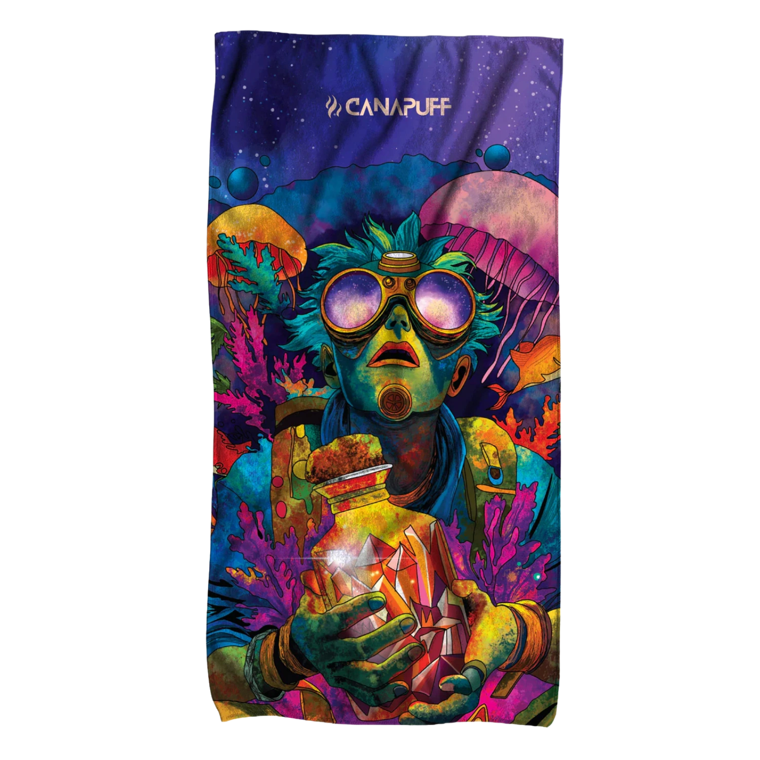 Canapuff Deep towel with colorful psychedelic artwork and logo