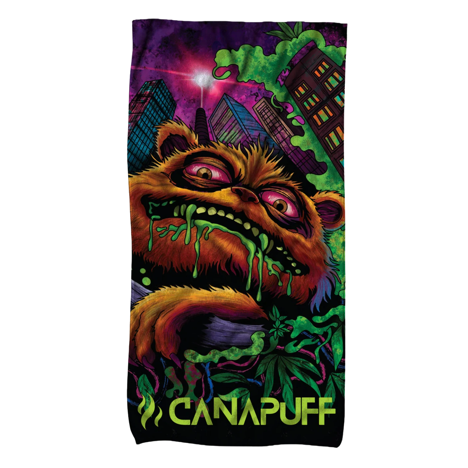 Canapuff High Monster towel with colorful monster and city artwork design