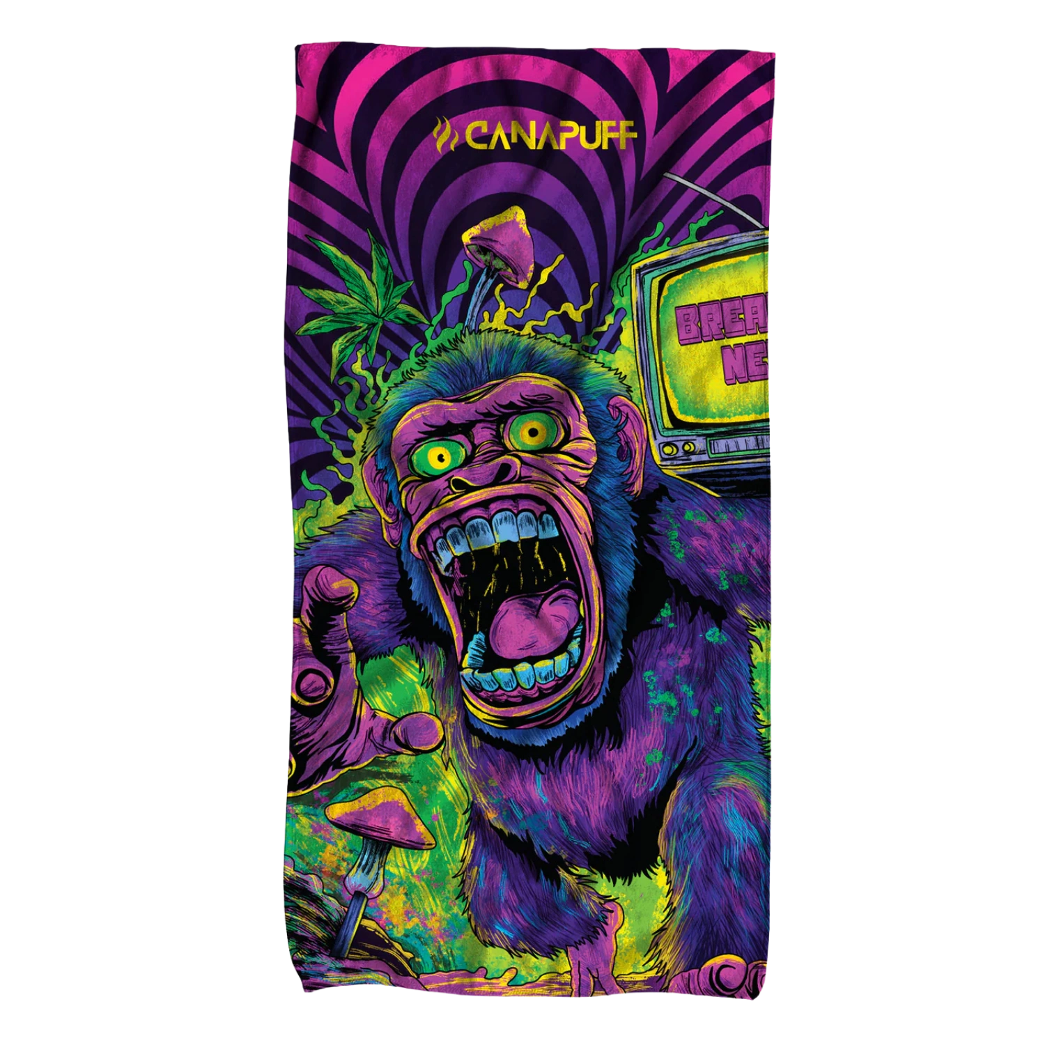 Canapuff Panic Monkey towel with colorful psychedelic artwork and logo
