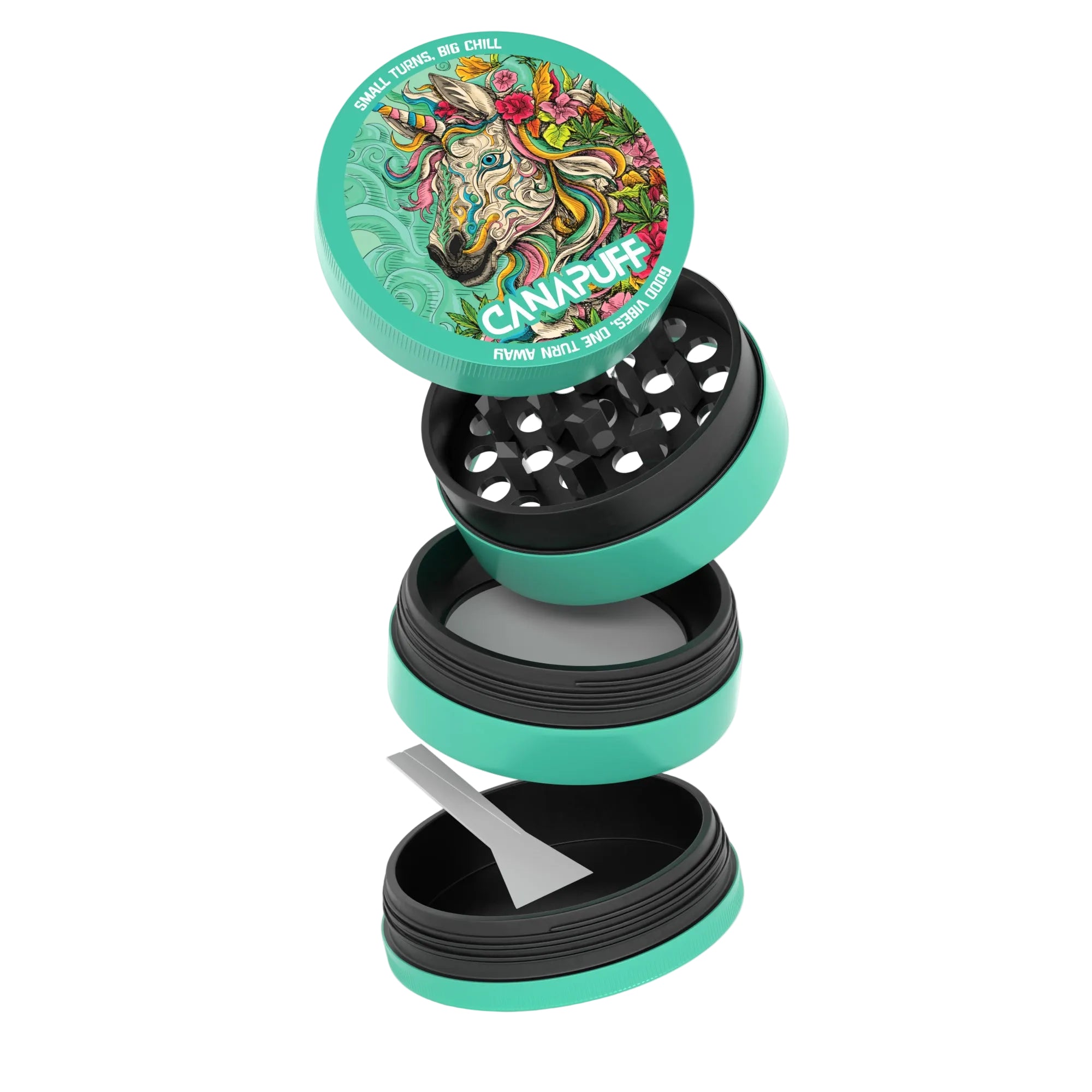 Canapuff metal grinder with colorful unicorn design and multi-part turquoise and black construction