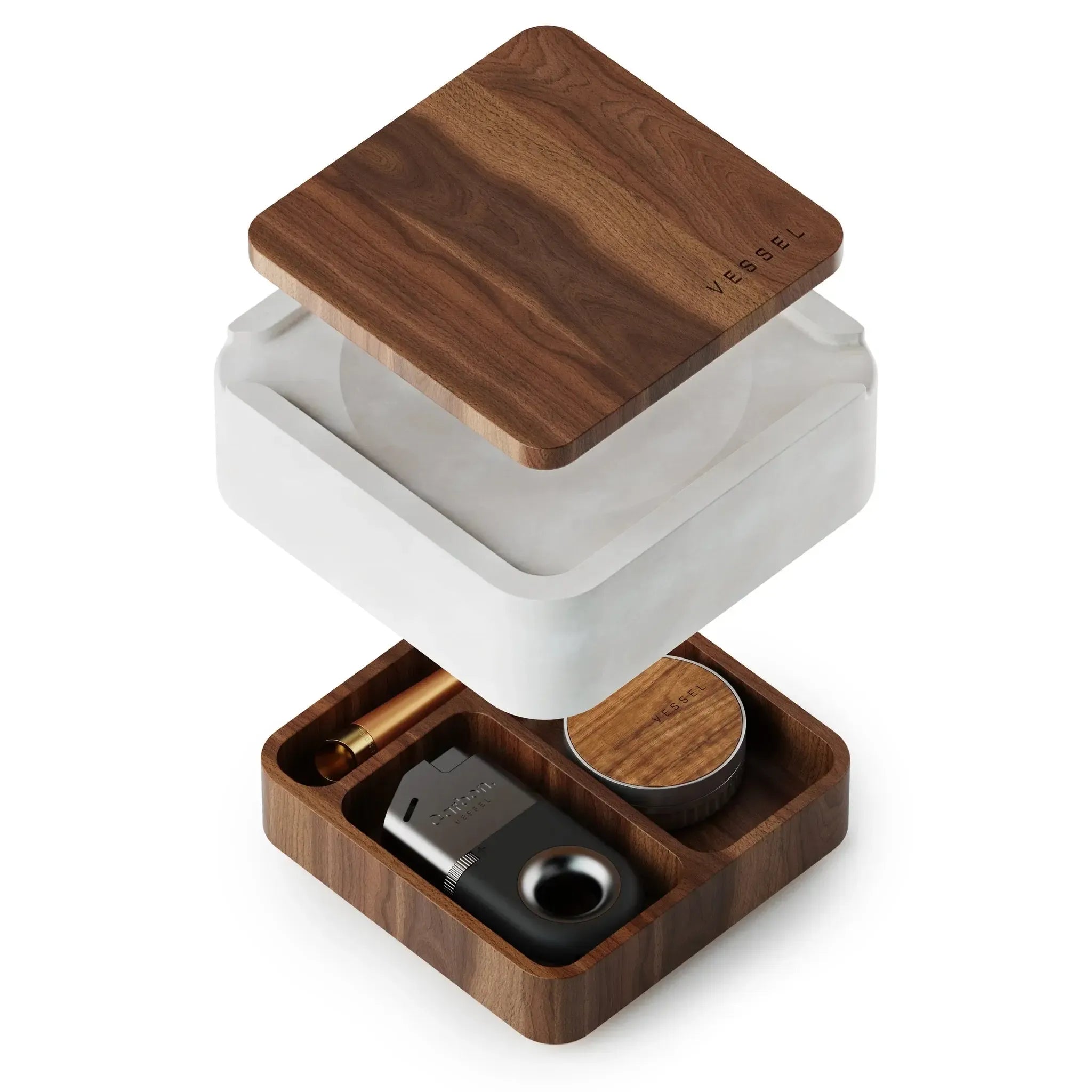 Vessel wooden ashtray with walnut finish and storage compartments