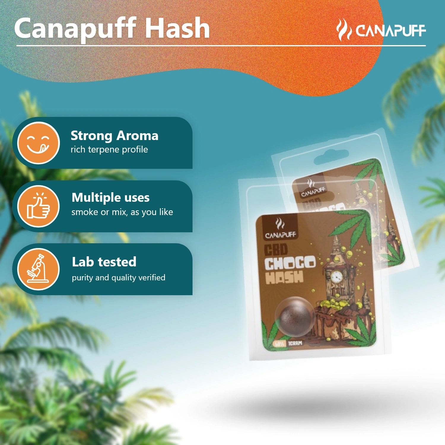 Canapuff CBD Hash Choco 60%, brown hash block in blister pack