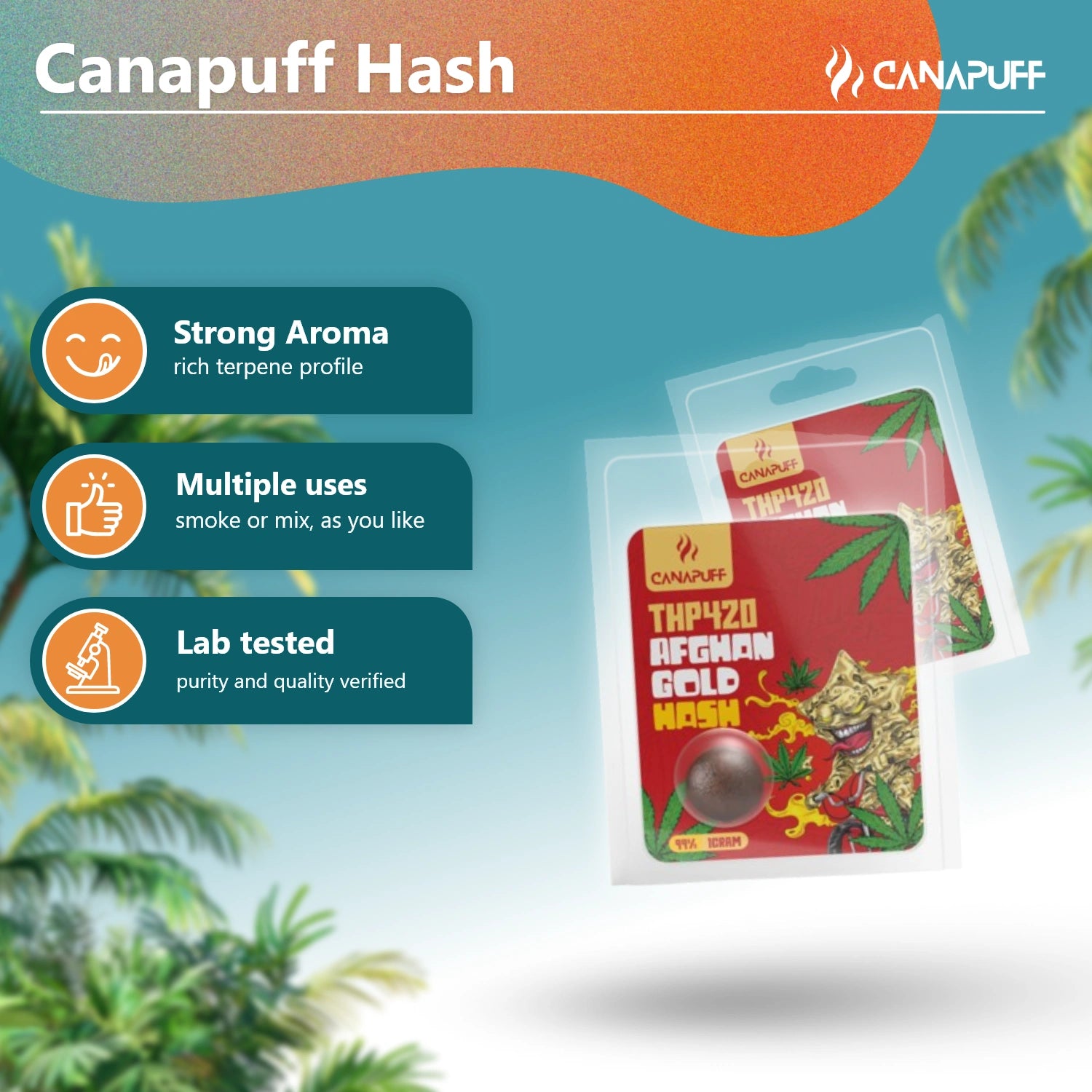 Canapuff THP420 Afghan Gold Hash 99% in sealed pouch packaging