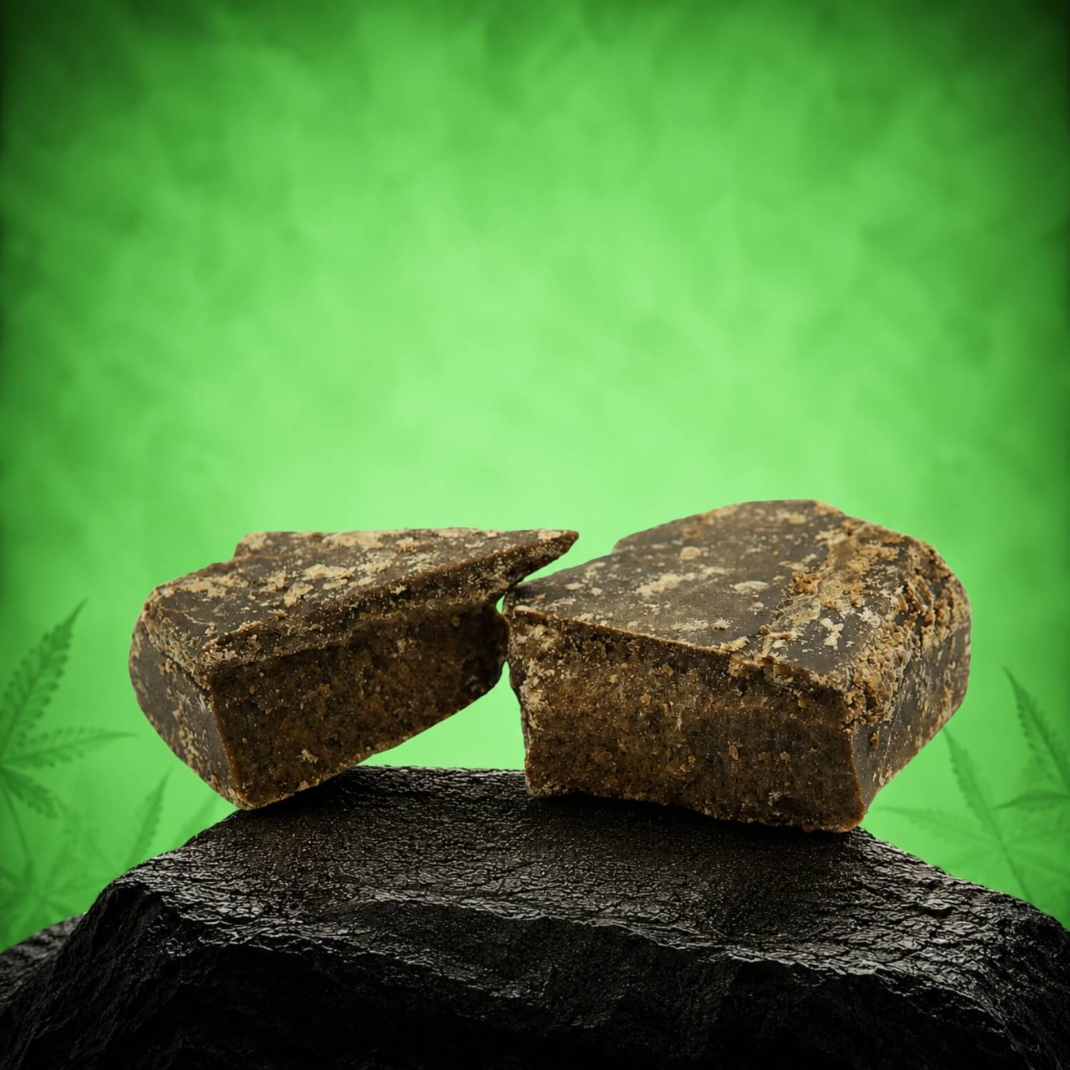 Canapuff Dry Sift Hash, two pieces of dark compressed hash on black stone