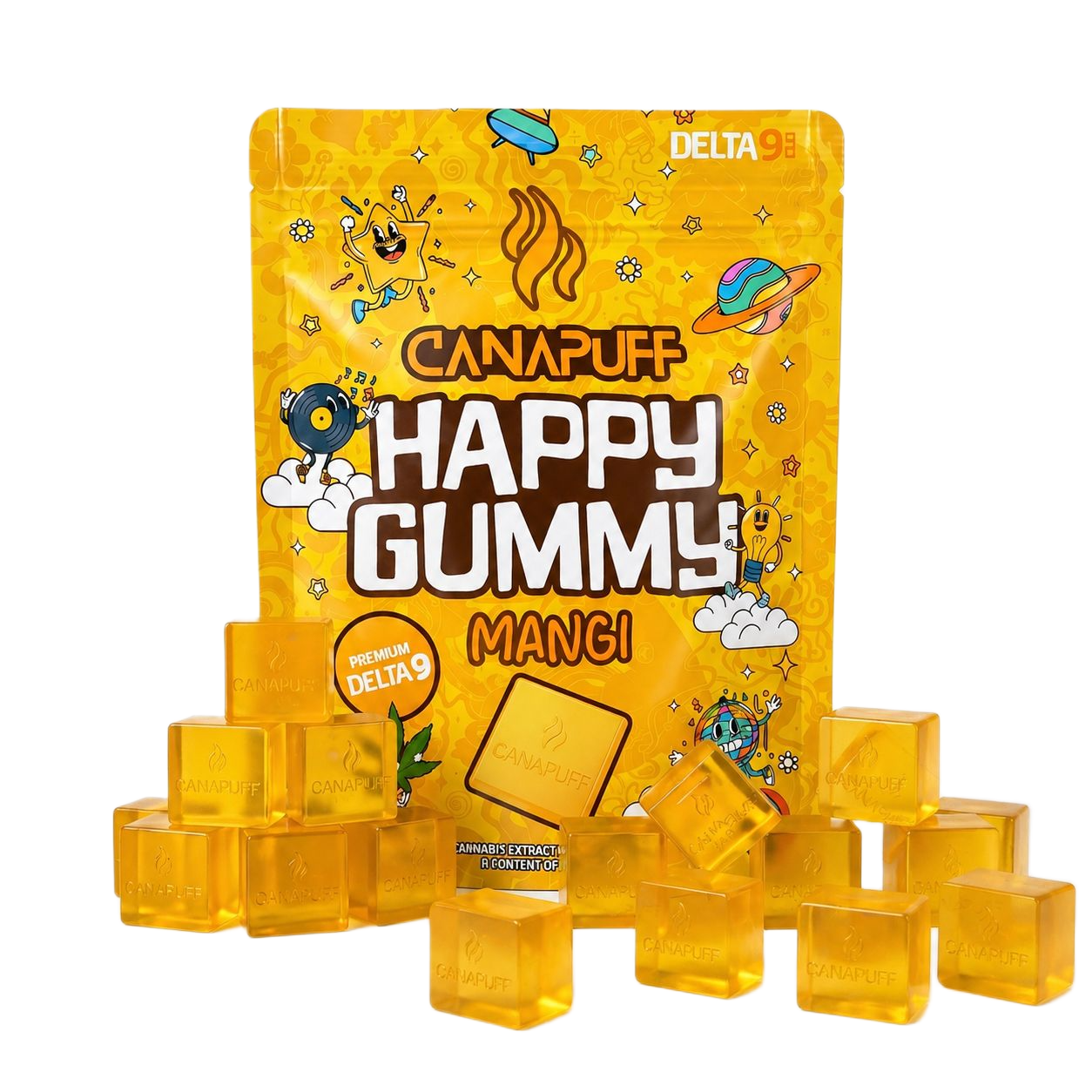 Canapuff Happy Gummy Delta-9 Mango gummies in yellow pouch with individual gummy cubes displayed