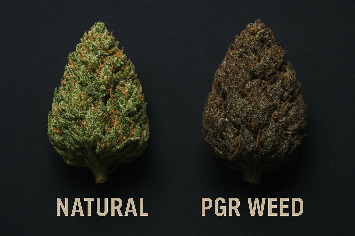 Comparație între o floare naturală de cannabis și o floare de cannabis crescută cu PGR, una lângă alta