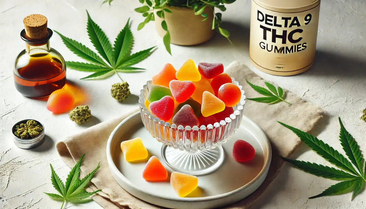 Ένα γυάλινο μπολ γεμάτο πολύχρωμα Delta 9 THC Gummies σε αποχρώσεις μάνγκο, πορτοκαλιού και κερασιού, τοποθετημένο σε καθαρό λευκό φόντο με διακριτικές διακοσμήσεις φύλλων Cannabis για μια φρέσκια και ελκυστική εμφάνιση.