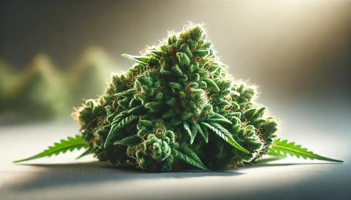 Fotorealistična slika svježih cannabis cvjetova s prirodnim svjetlom i blagim zamućenjem pozadine.