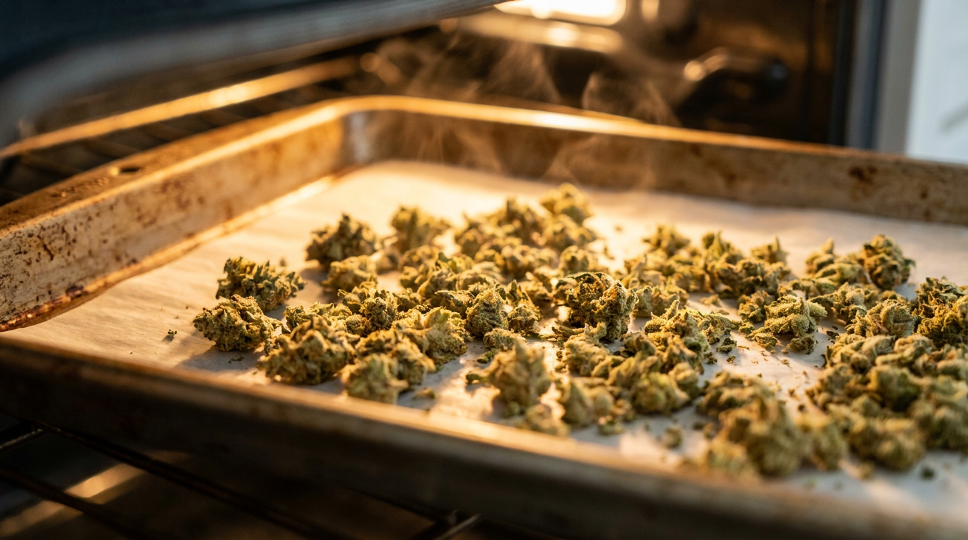 Cannabis broken into small pieces on a parchment-lined baking tray in a warm oven