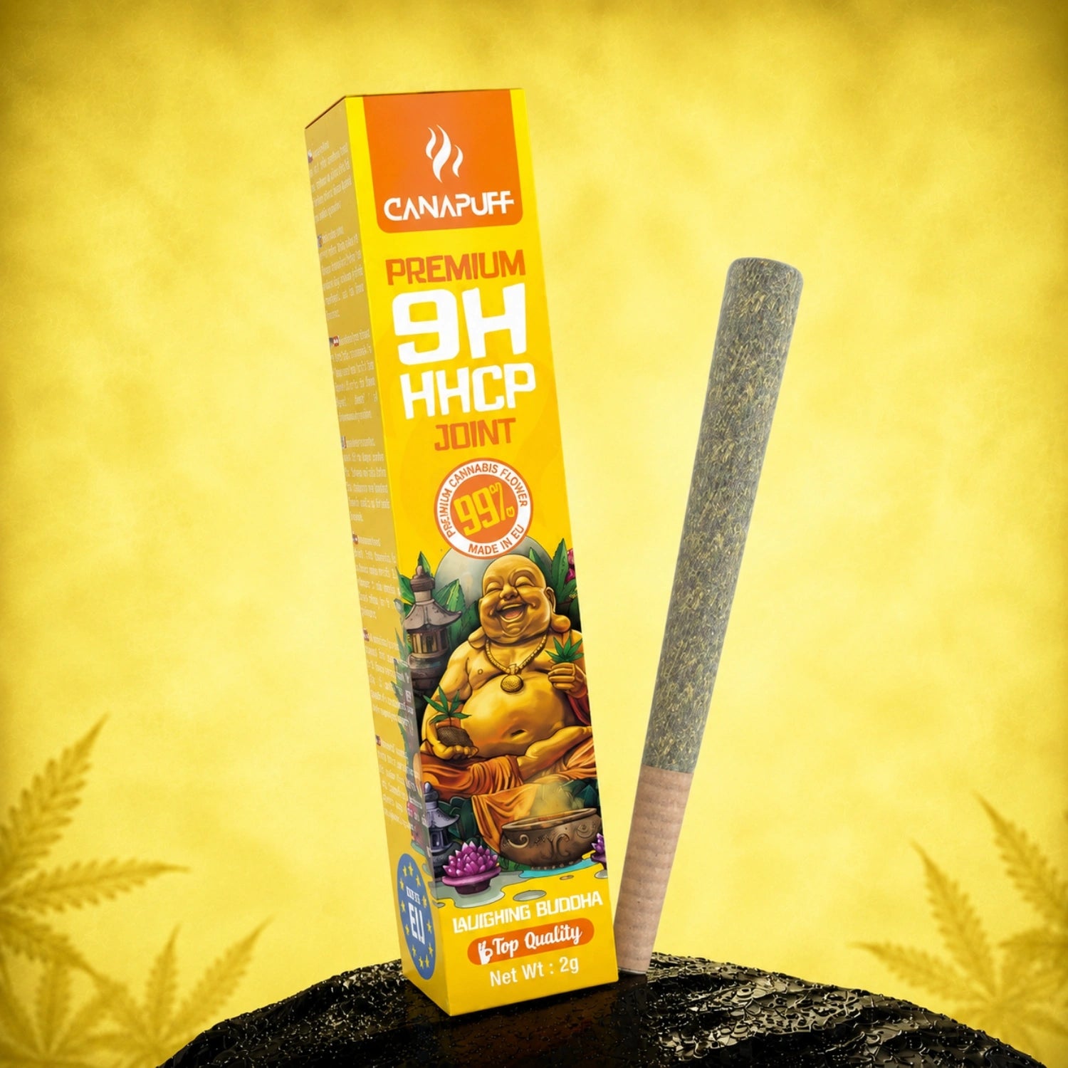 Canapuff 9H-HHCP Joint Laughing Buddha 99% 2g in yellow packaging with joint displayed