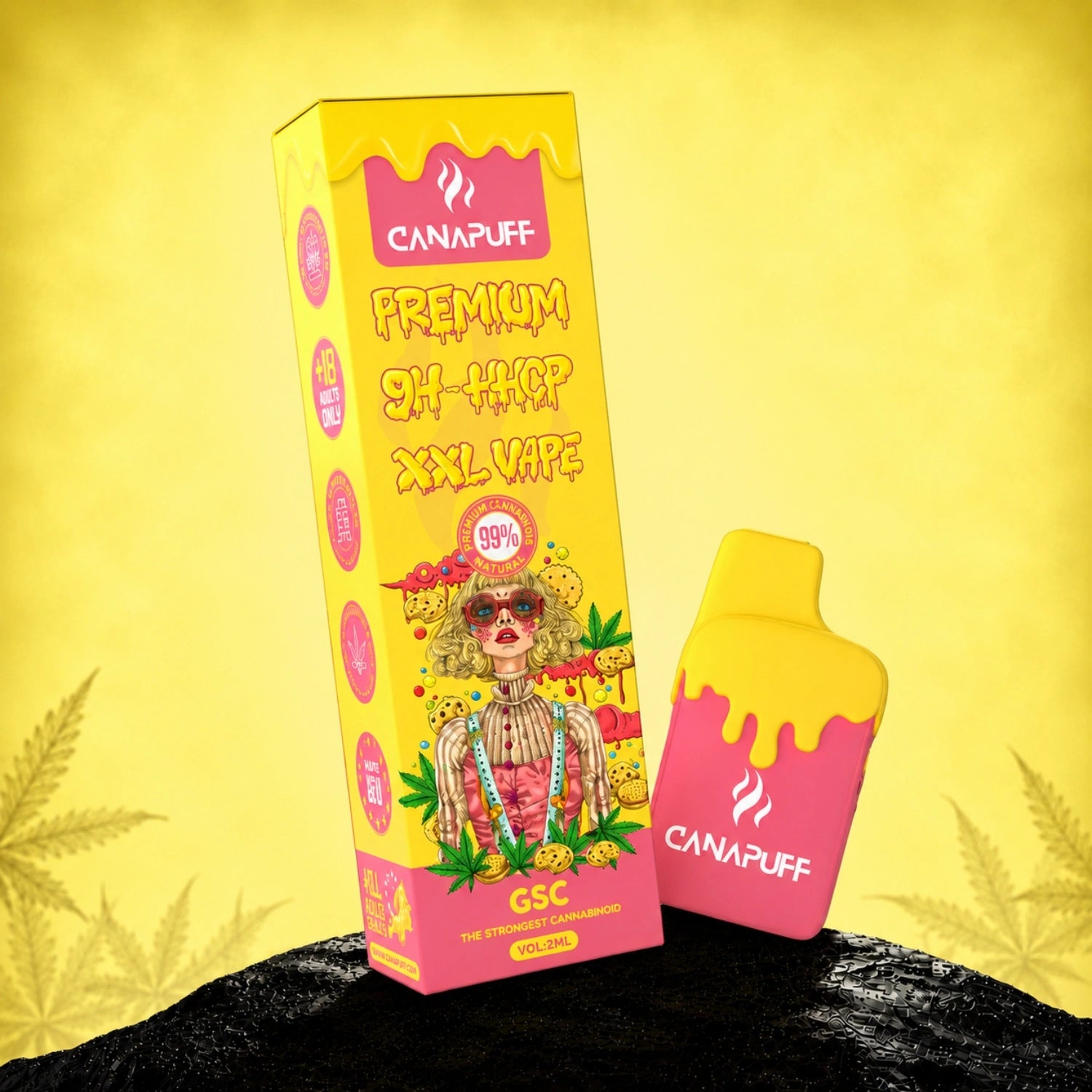 Canapuff 9H-HHCP XXL Vape GSC 99% 2ml disposable pen with yellow and pink packaging