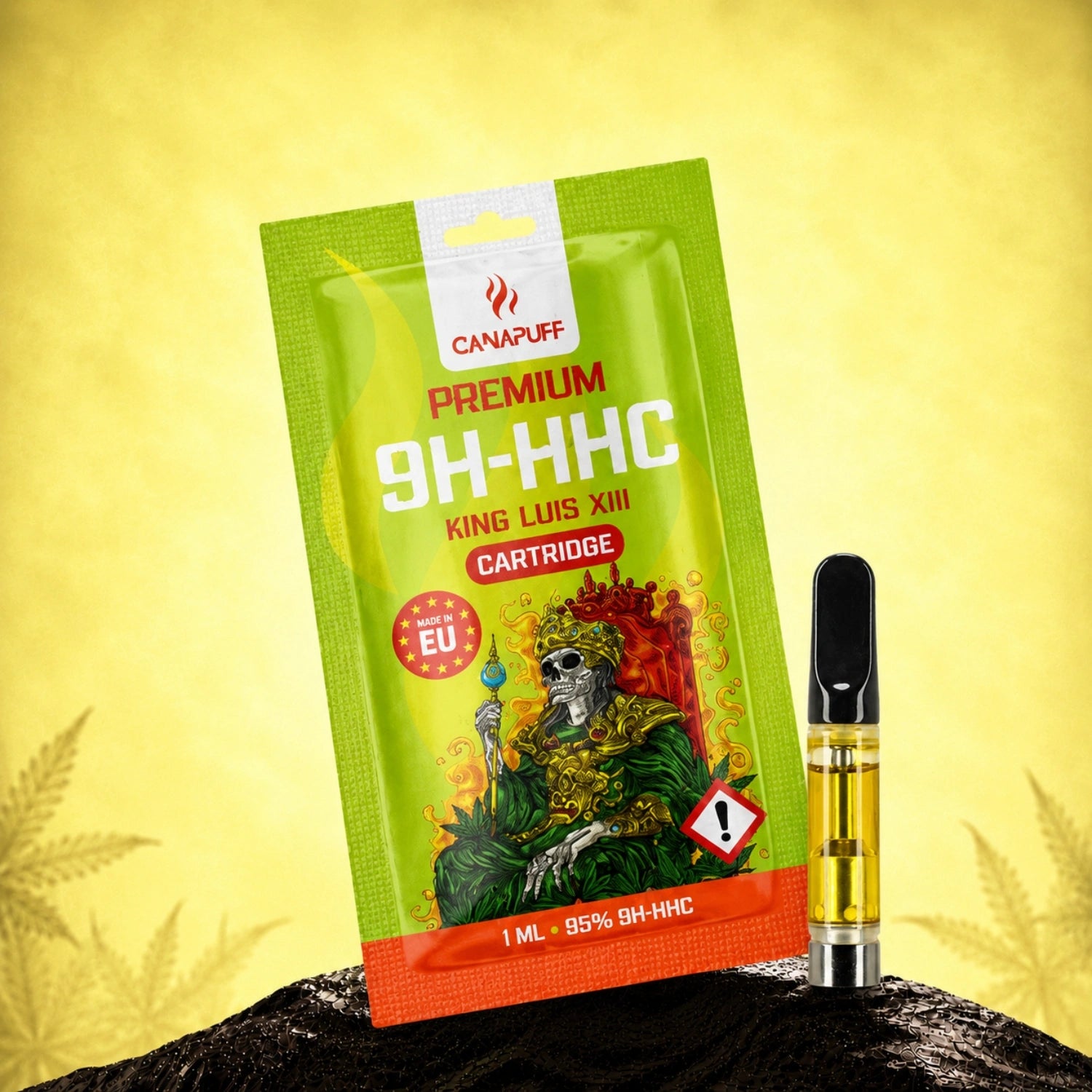 Canapuff 9H-HHC cartridge King Luis XIII, 1 ml, 95%, with packaging on yellow background