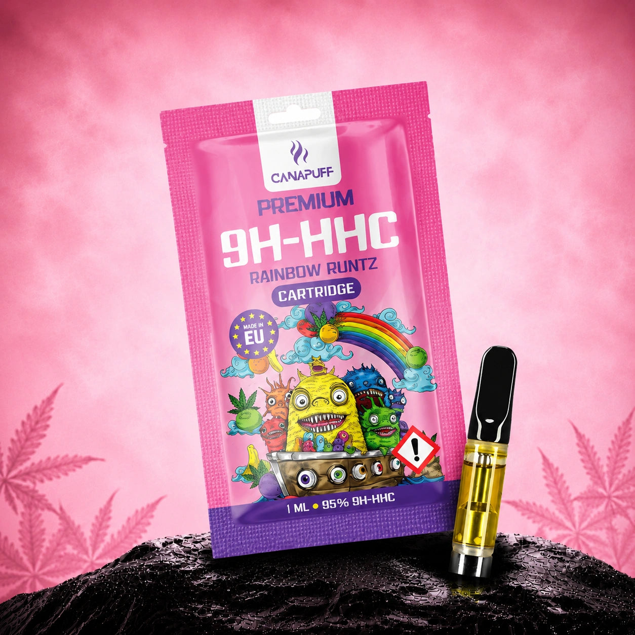 Canapuff 9H-HHC cartridge Rainbow Runtz 95%, 1 ml with pink packaging and black tip