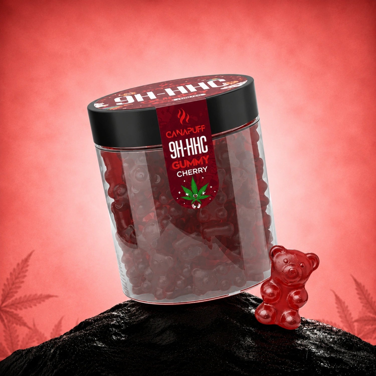 Canapuff 9H-HHC Gummy Cherry in clear jar with black lid on coral background