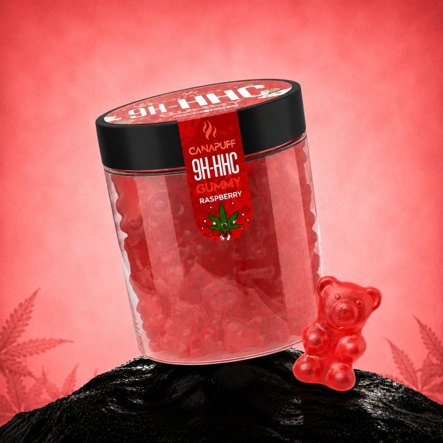 Canapuff 9H-HHC Gummies Raspberry in clear jar with black lid on pink background