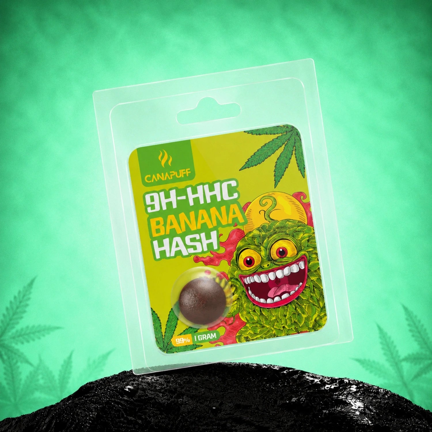 Canapuff 9H-HHC Hash Banana 99%, 1 gram in clear blister packaging with green leaf design