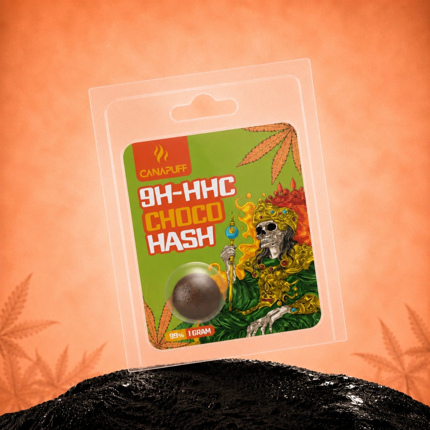 Canapuff 9H-HHC Hash Choco 99% 1 gram in clear blister packaging with green label and skull artwork