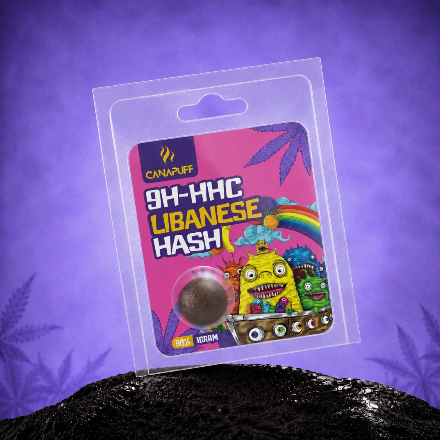 Canapuff 9H-HHC Lebanese Hash 99%, 1 gram blister packaging on purple background