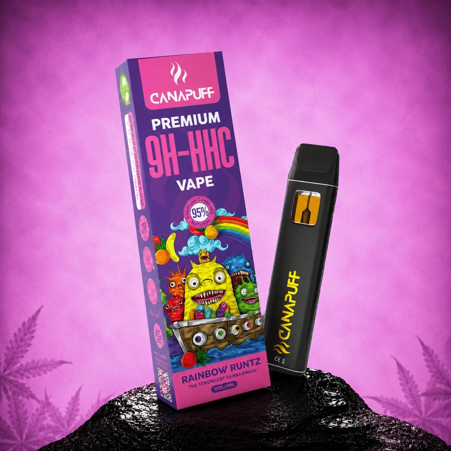 Canapuff 9H-HHC Vape Rainbow Runtz 95% 1ml disposable pen with packaging