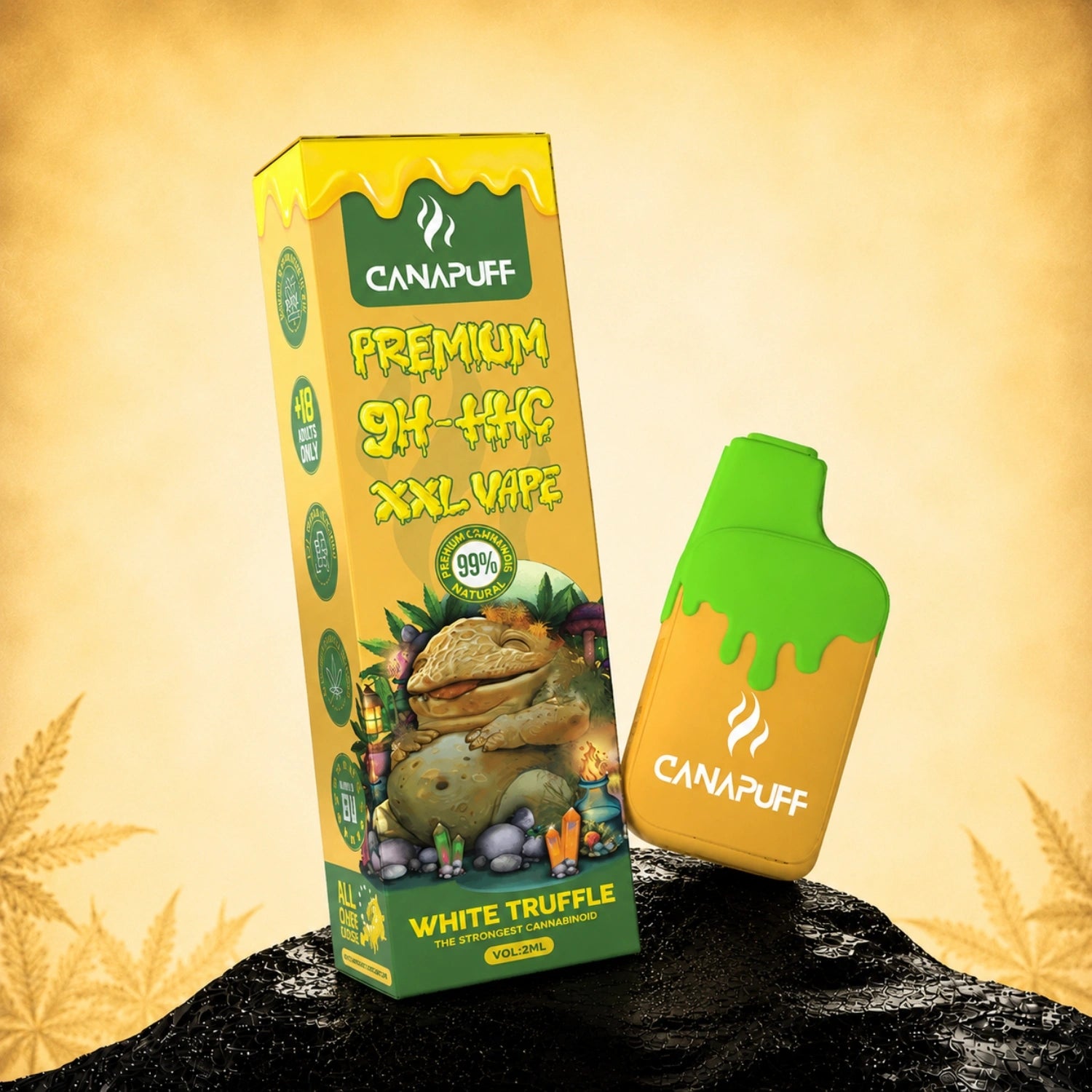 Canapuff 9H-HHC XXL Vape White Truffle 99% 2ml disposable pen with green drip cap design