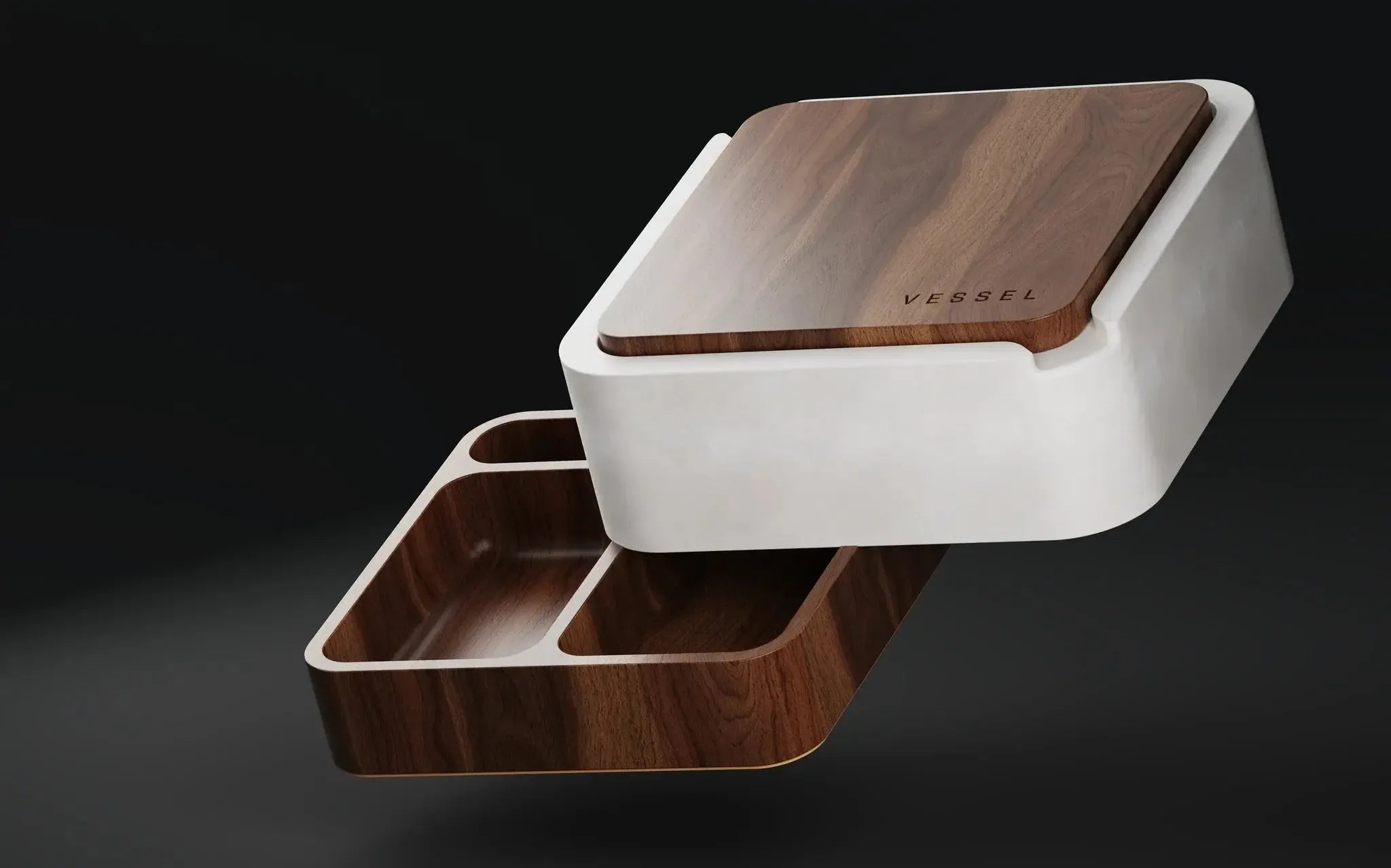 Vessel Ashtray walnut with white ceramic and wood design
