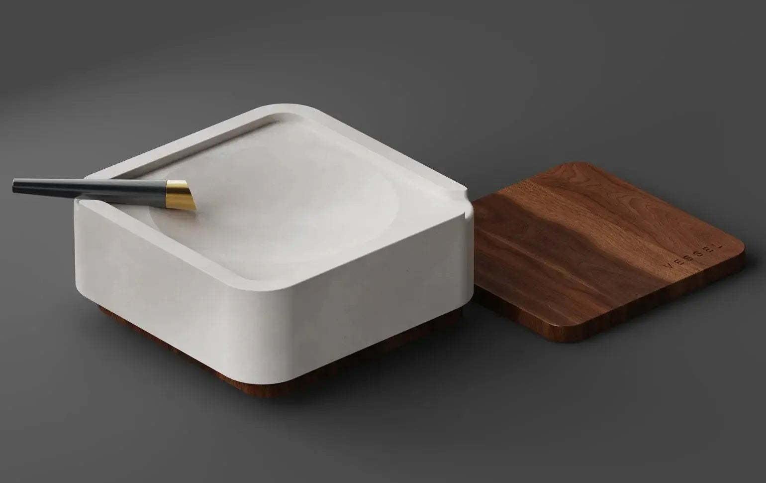 Canapuff Ashtray with walnut base and white ceramic bowl with brush