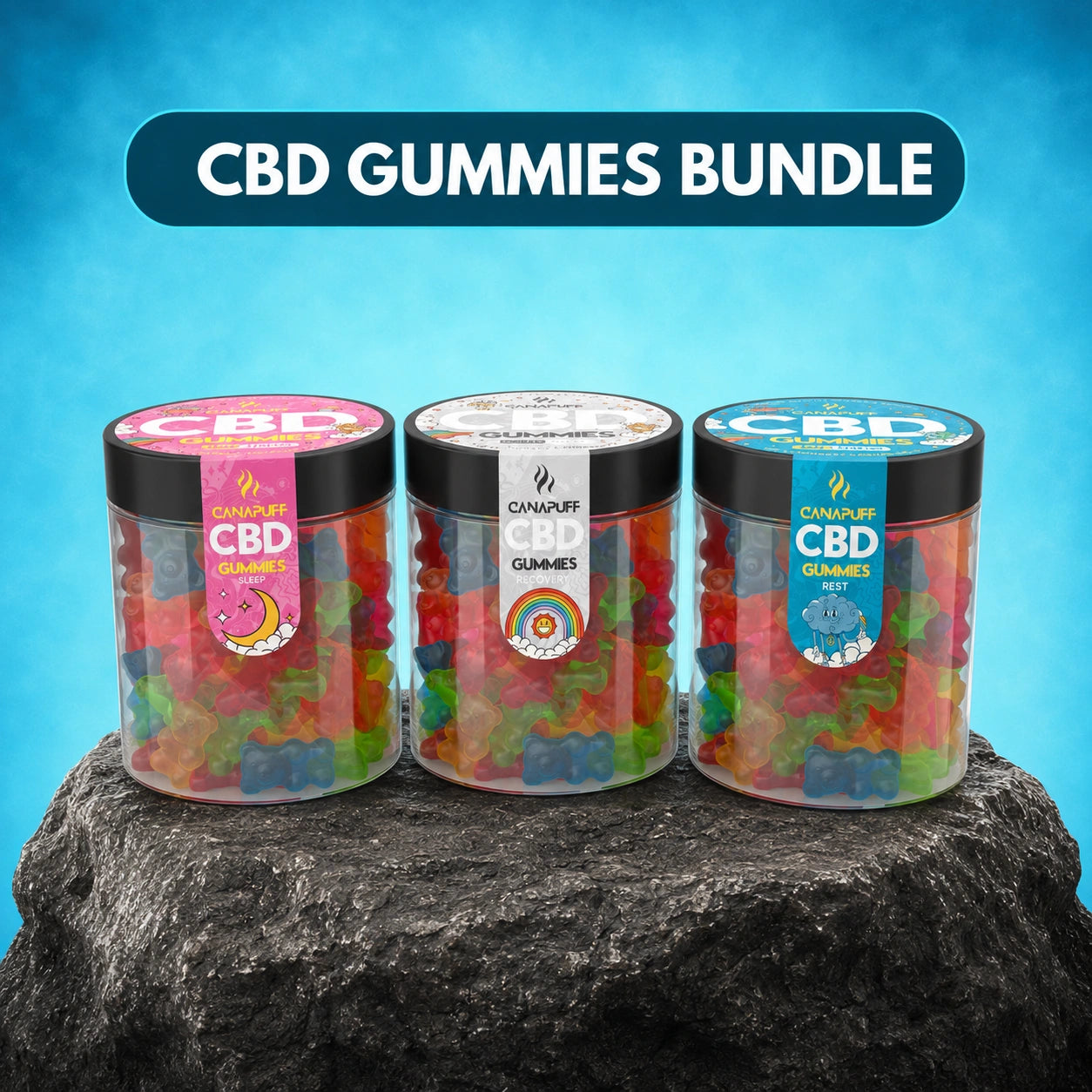 Canapuff CBD Gummies Bundle, 3 jars with mixed flavors and formulations