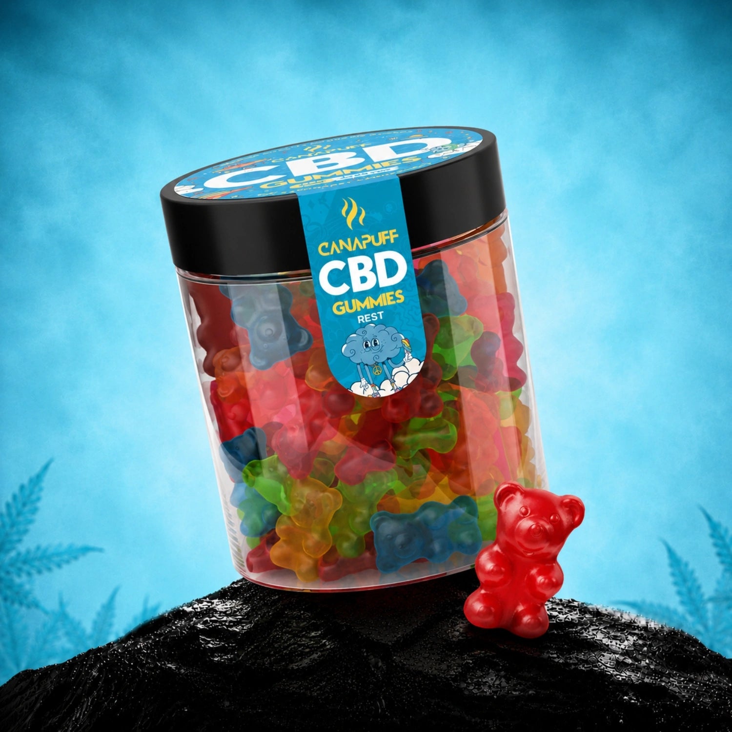 Canapuff CBD Gummies Rest, assorted flavors in jar
