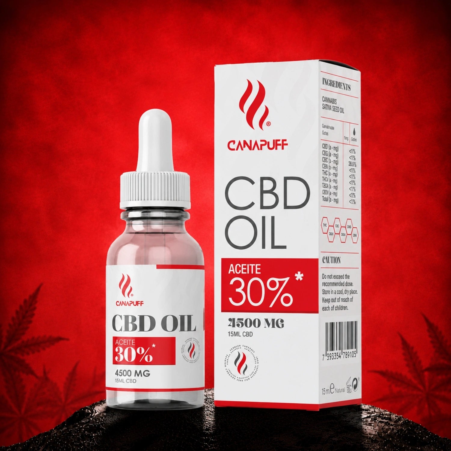 Canapuff CBD Oil 30%, 4500 mg, 15 ml bottle with dropper and packaging box