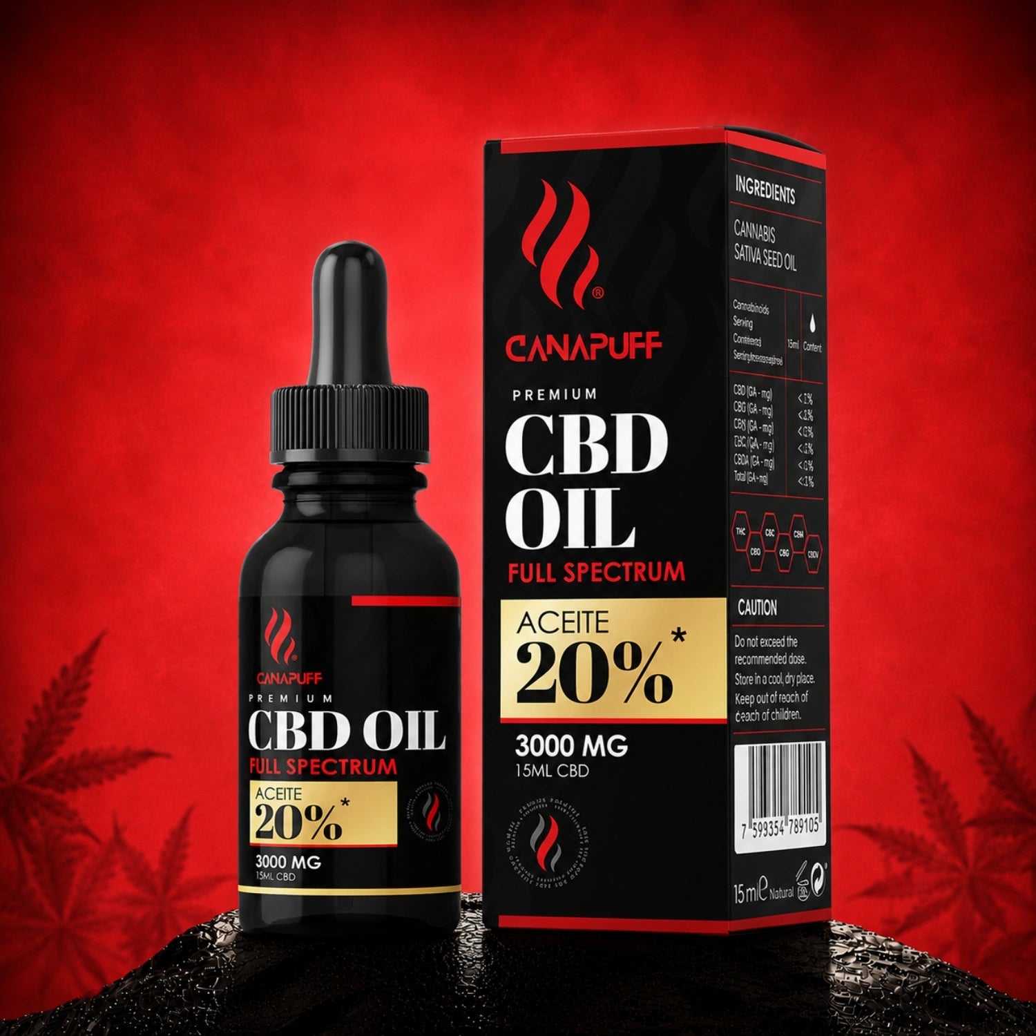 Canapuff CBD Oil Full Spectrum 3000 mg 15 ml bottle with dropper and packaging box