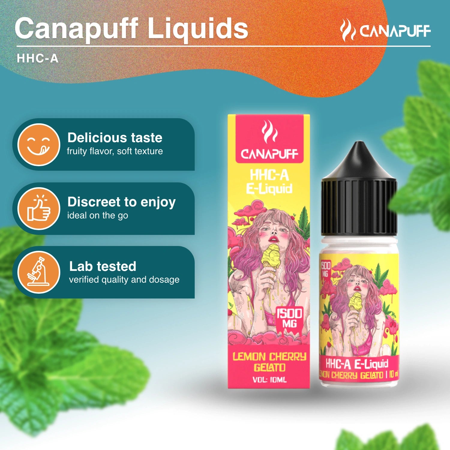 Canapuff HHC-A E-Liquid Lemon Cherry Gelato 1500mg 10ml bottle with packaging