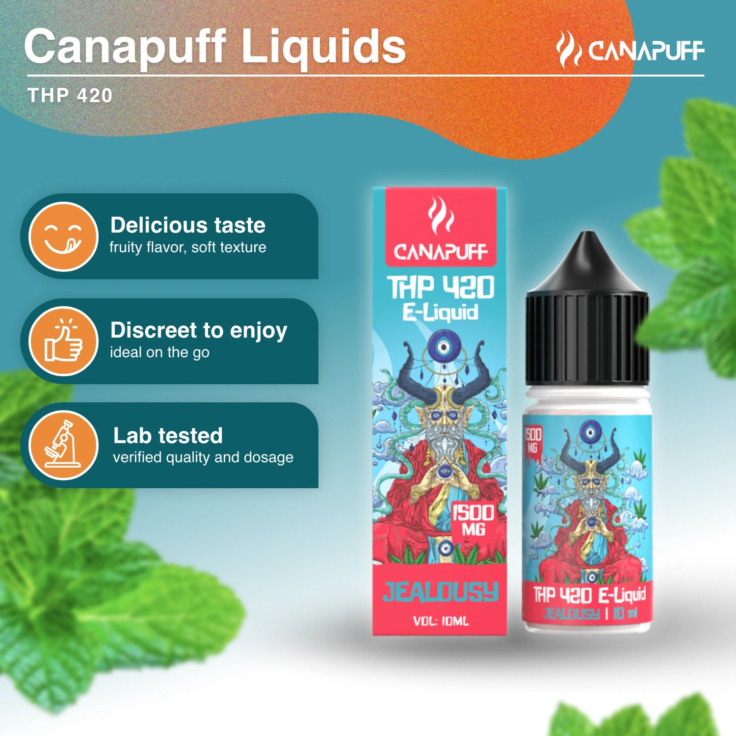Canapuff THP 420 E-Liquid Jealousy 1500 mg 10 ml vape bottle with black drip tip
