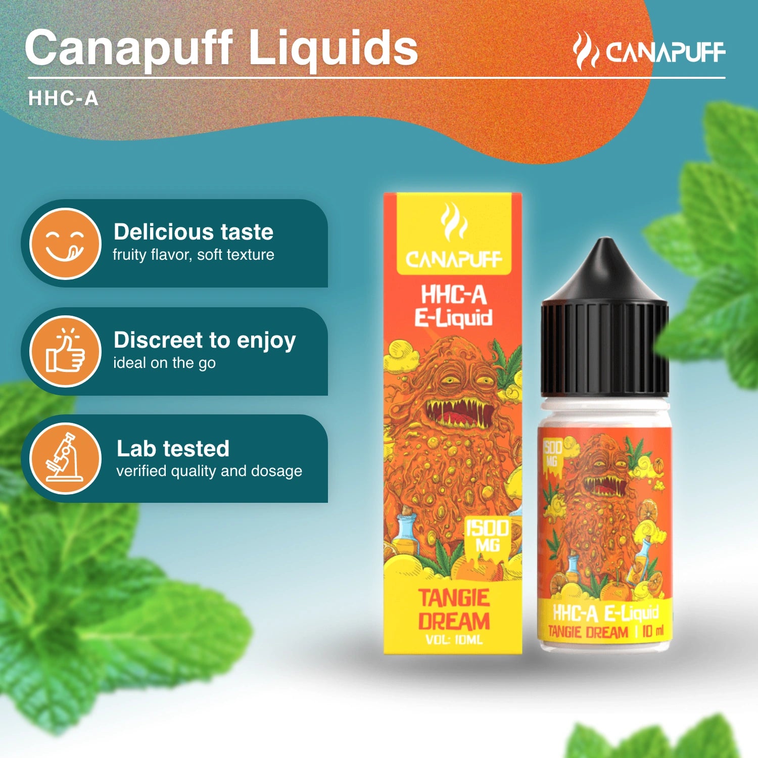 Canapuff HHC-A E-Liquid Tangie Dream 1500mg, 10ml bottle with box packaging