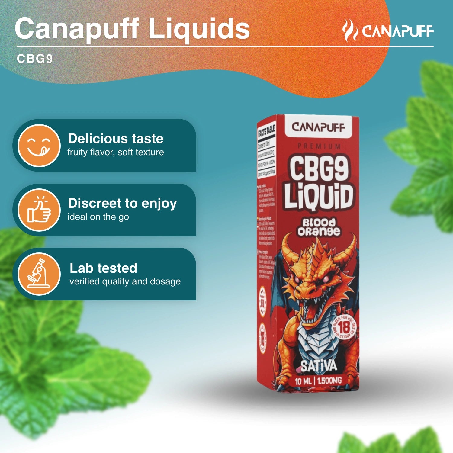Canapuff CBG9 Liquid Blood Orange 1500mg 10ml shot bottle