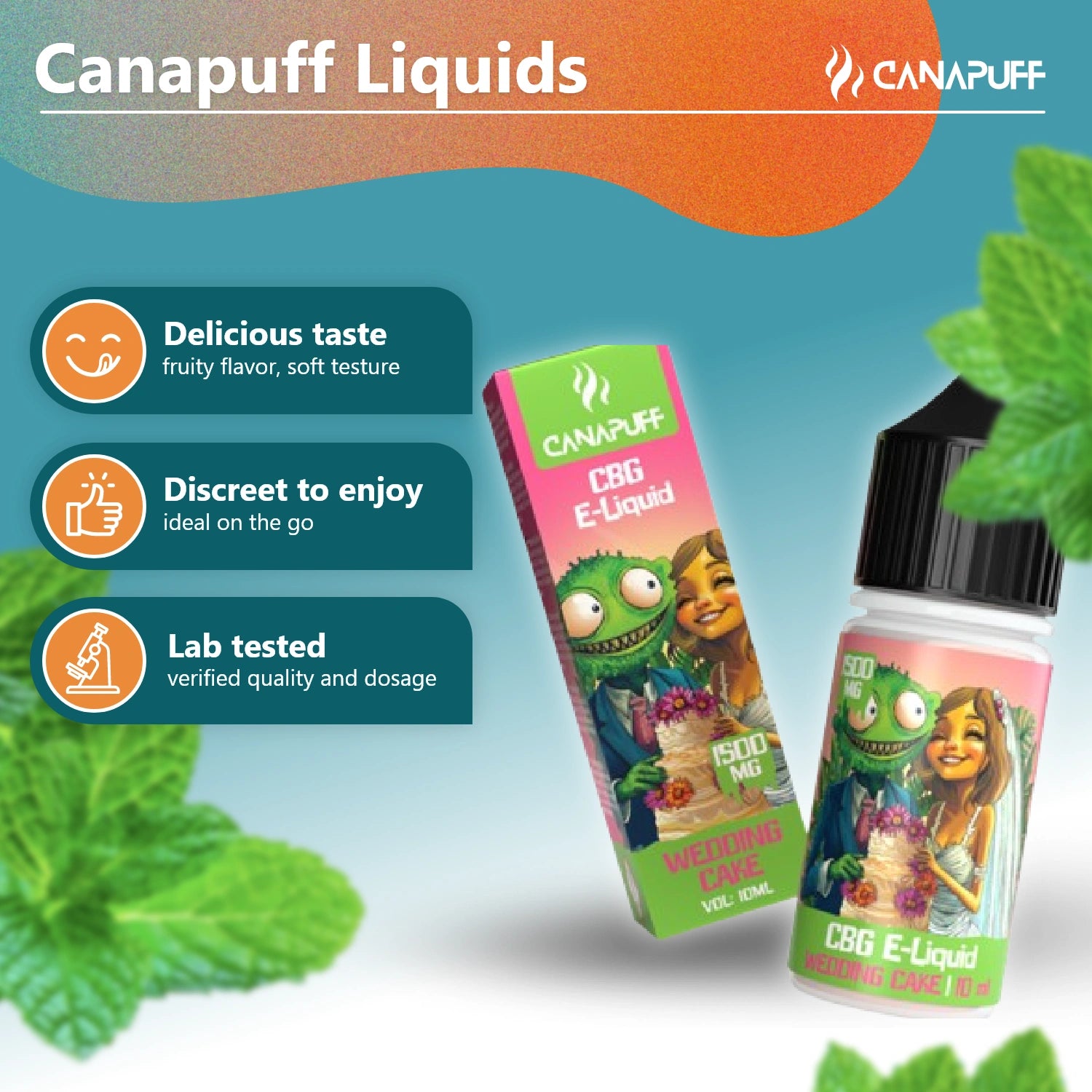 Canapuff CBG E-Liquid Wedding Cake 1,500 mg, 10 ml vape bottle