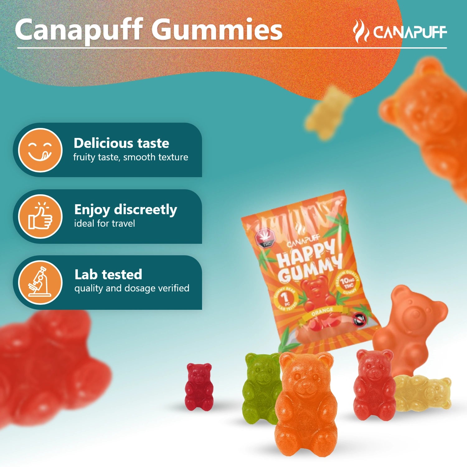 Canapuff Happy Gummy Delta-9 THC 10 mg orange gummies pouch