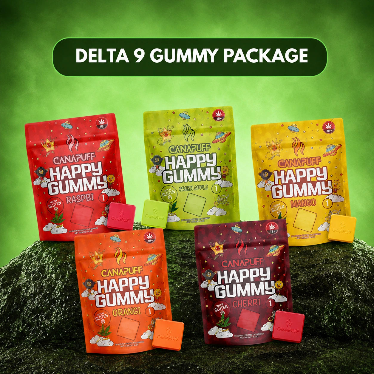 Canapuff Happy Gummy Delta-9 THC gummies, five flavors pack, 5 pieces each