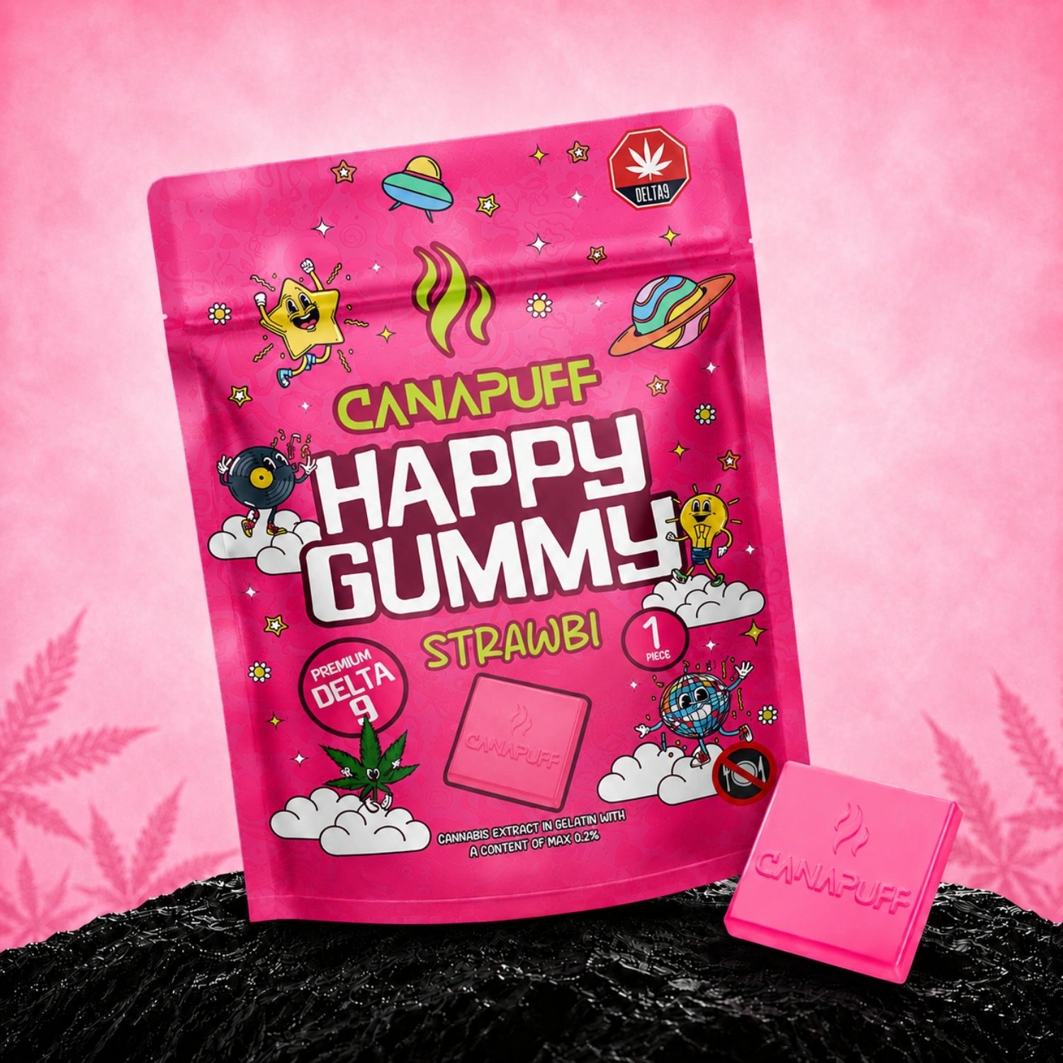 Canapuff Happy Gummy Strawbi, hemp-derived Delta-9 THC gummy, 1 piece