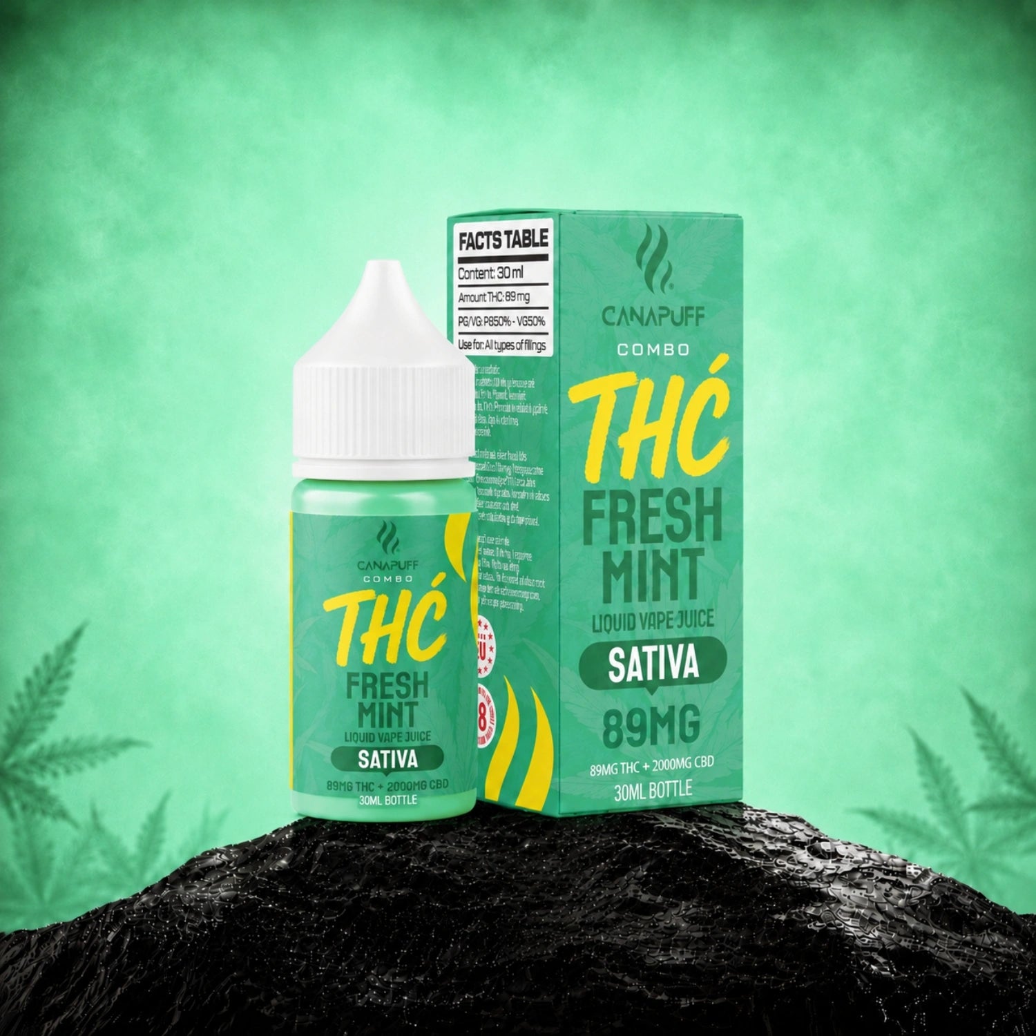 Canapuff Combo Fresh Mint vape liquid, 89mg Delta-9 THC, 2000mg CBD, 30ml bottle