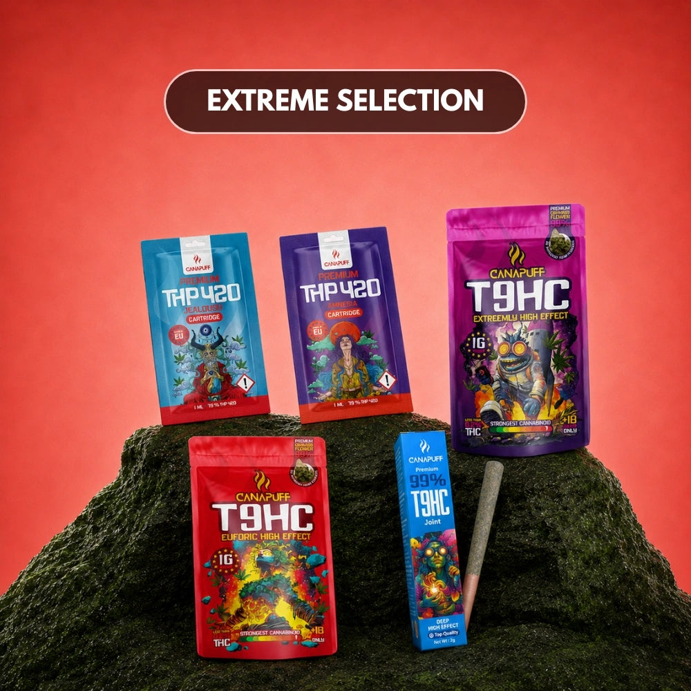 Canapuff Extreme Selection bundle with T9HC flowers, cartridges and joint products