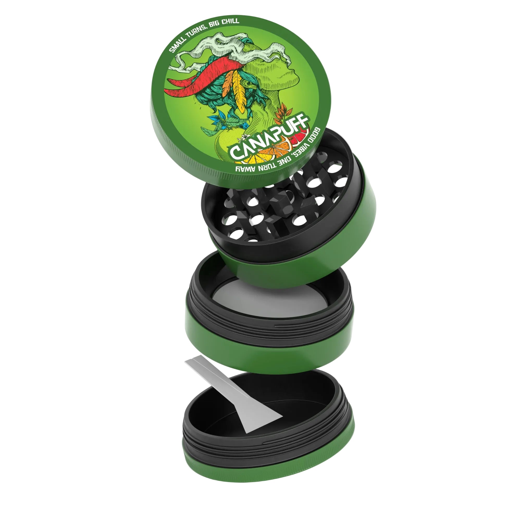 Canapuff metal grinder with Green Crack branding, multi-chamber design