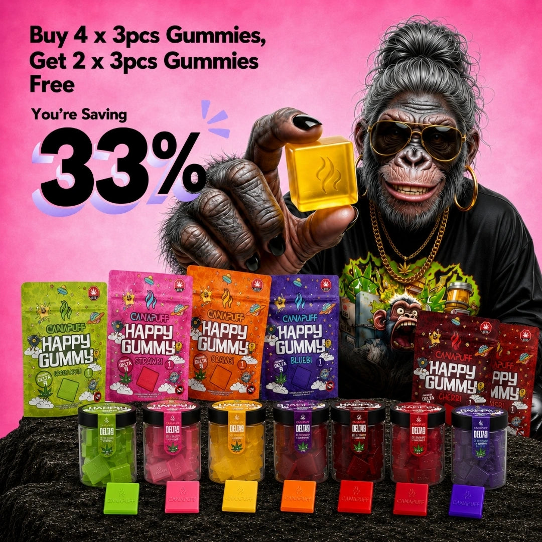 Canapuff Happy Gummy promotion: buy 4 gummy packs get 2 free, with pouches and jars