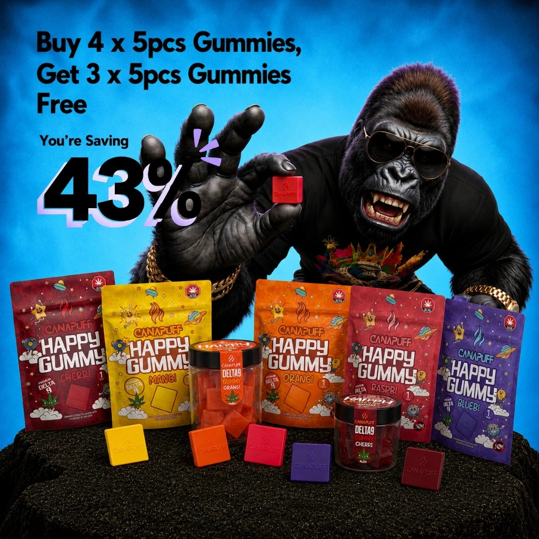 Canapuff Happy Gummy bundle deal, buy 4 five-piece packs get 3 free, multiple flavors