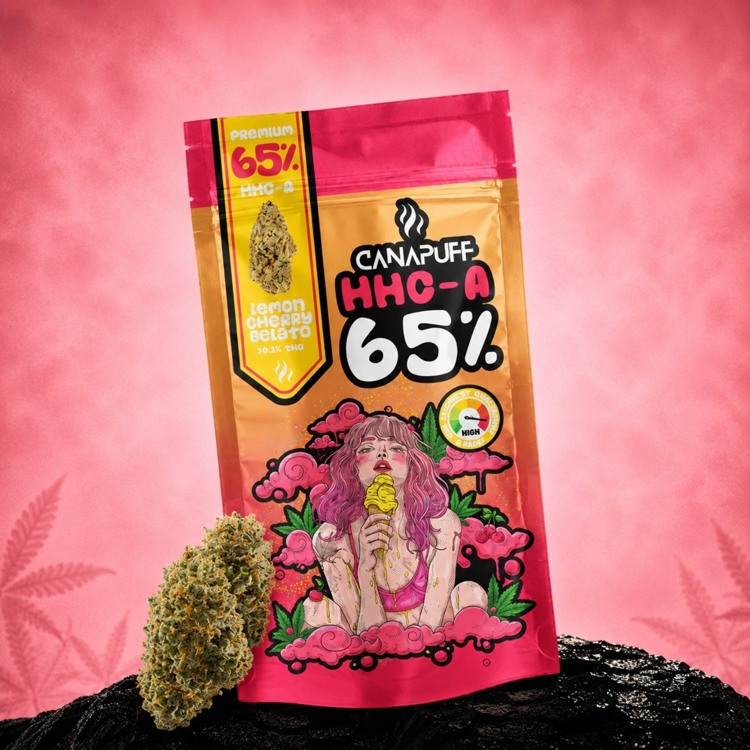 Canapuff HHC-A Flowers Lemon Cherry Gelato 65% pouch with cannabis buds
