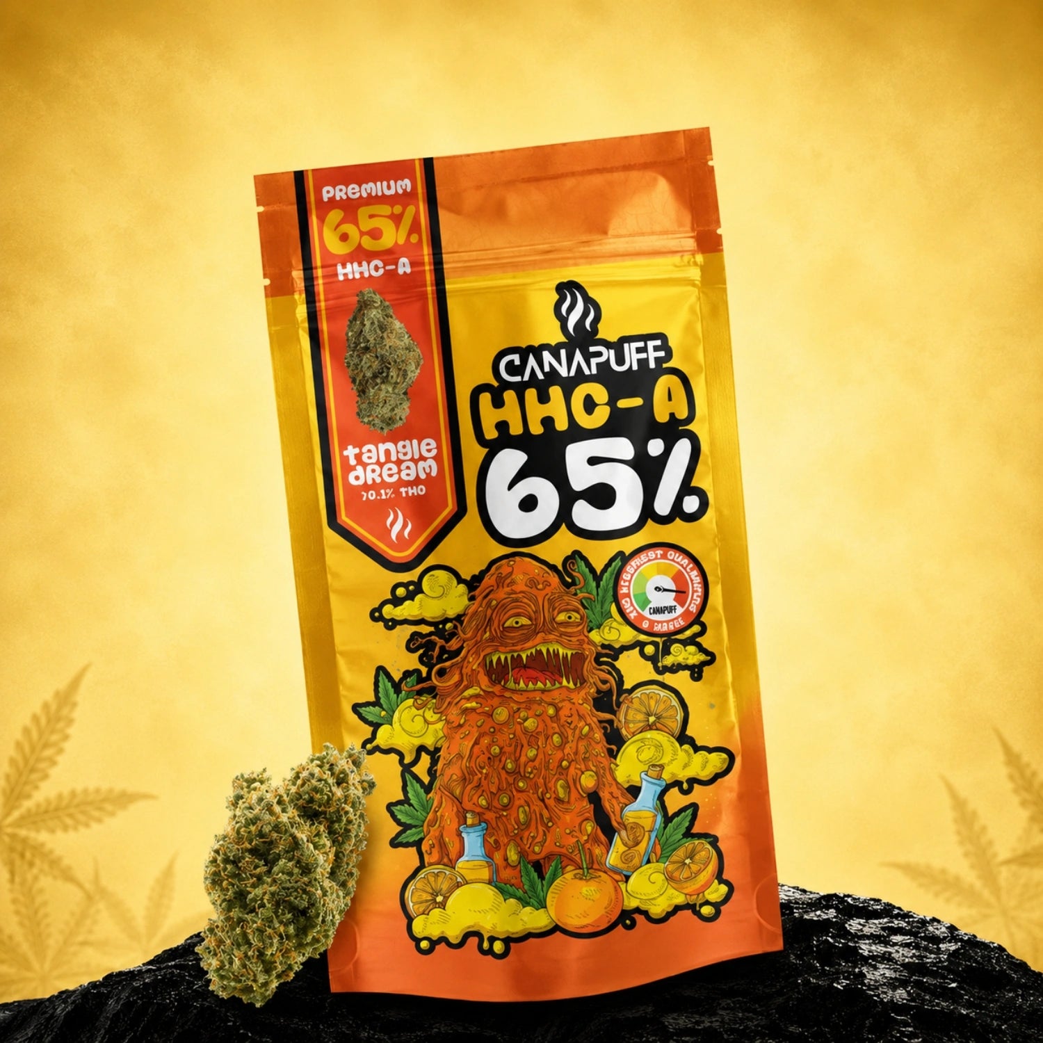 Canapuff HHC-A Flowers Tangie Dream 65% in orange and yellow pouch with flower bud visible