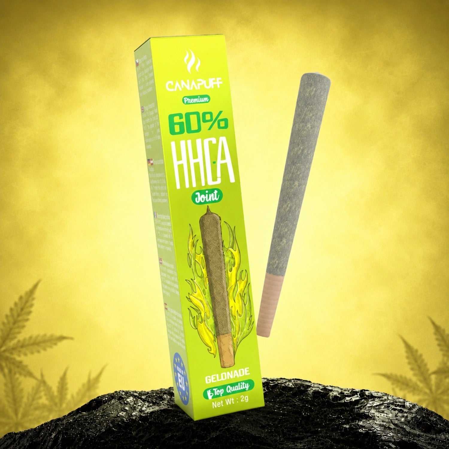 Canapuff HHC-A Joint Gelonade 60% 2g with packaging and joint displayed