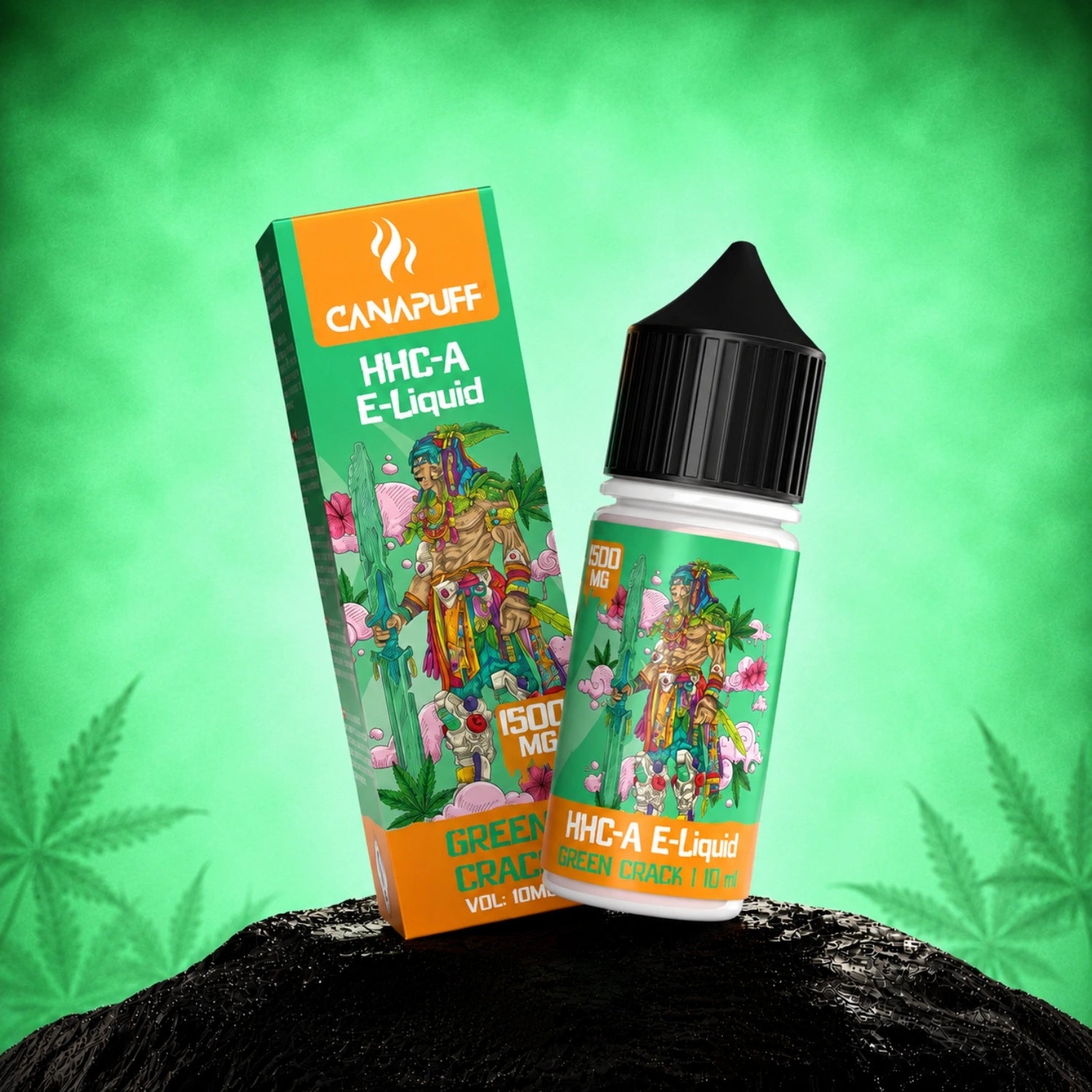 Canapuff HHC-A E-Liquid Green Crack 1500mg bottle and box on green background