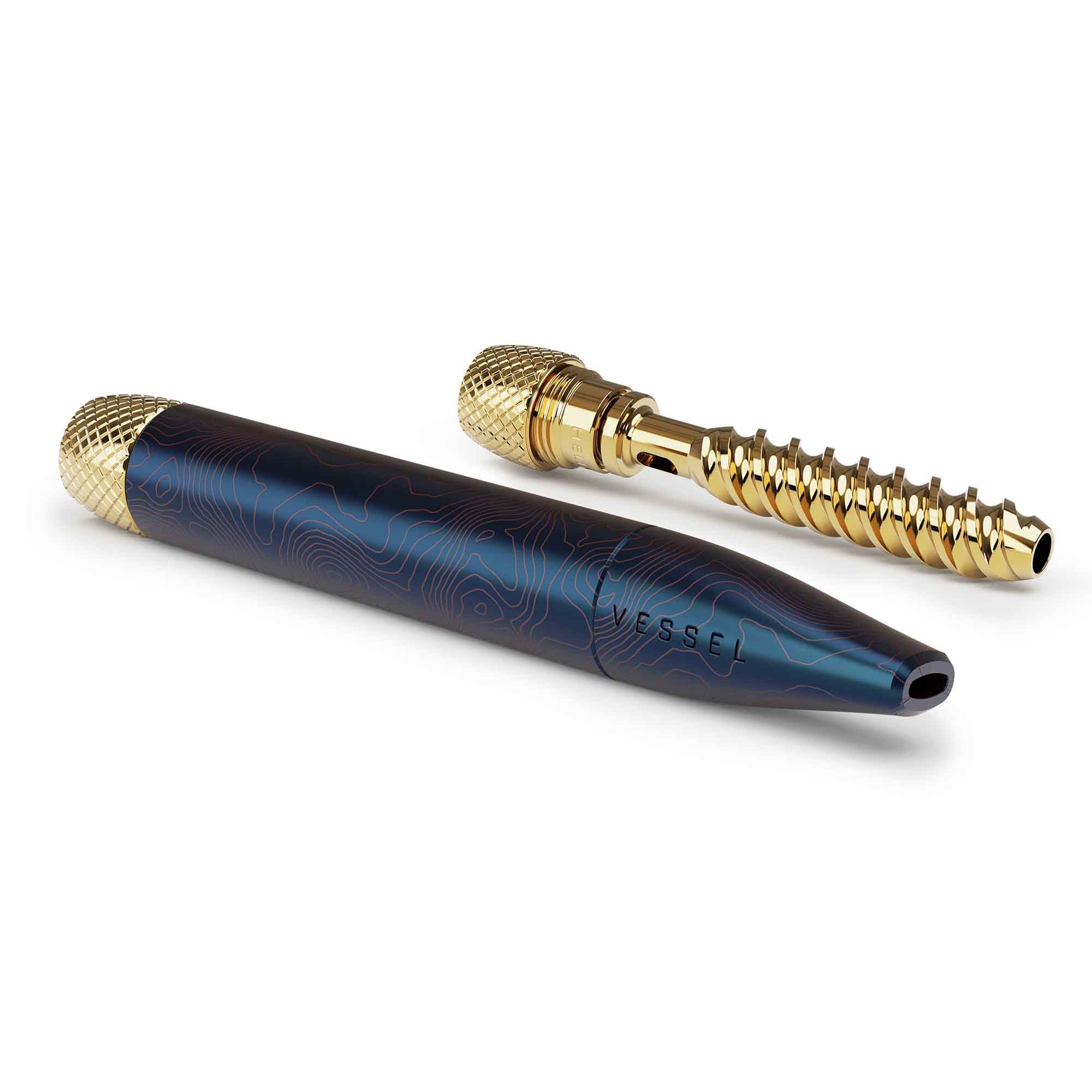 Vessel One Hitter Maritime with blue body and gold-tone mouthpiece and components