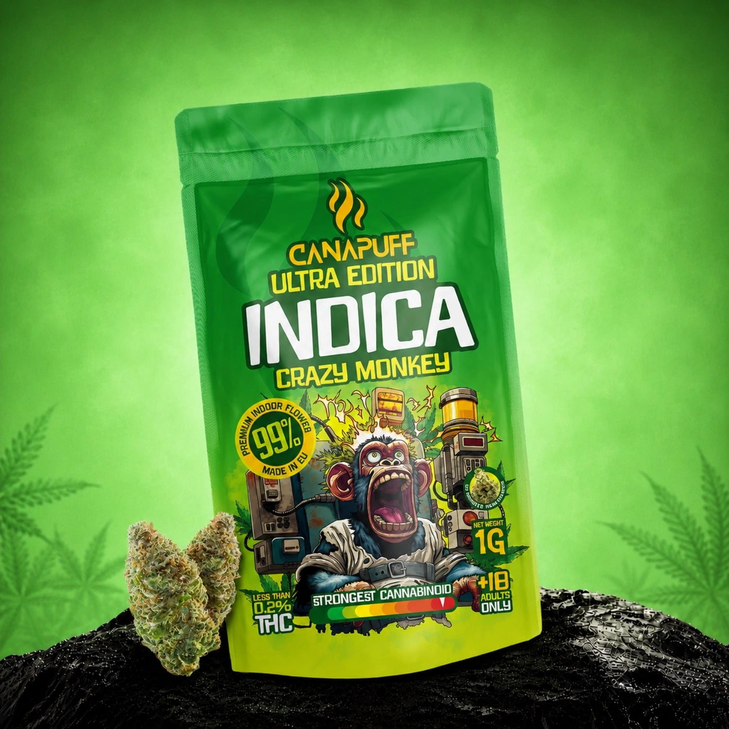 Canapuff Indica Crazy Monkey Ultra Edition flowers, 1g pouch, 99% cannabinoid strength