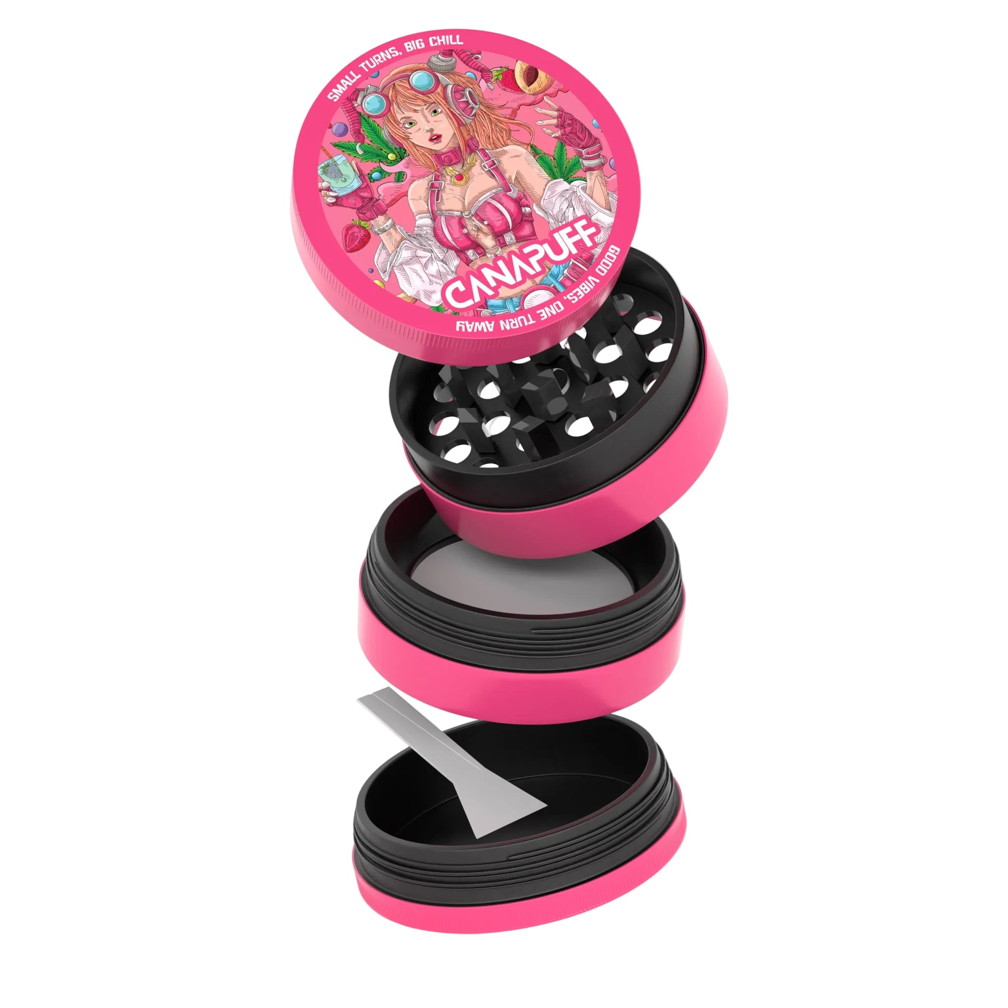 Canapuff metal grinder Lychee Dream, 4-part pink and black design with kief catcher